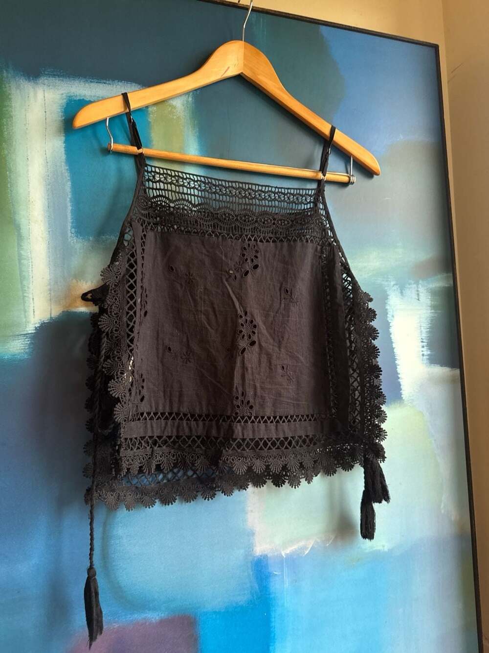 Free People Black Eyelet Lace Tassel Cami Top Size XS - Picture 6 of 9